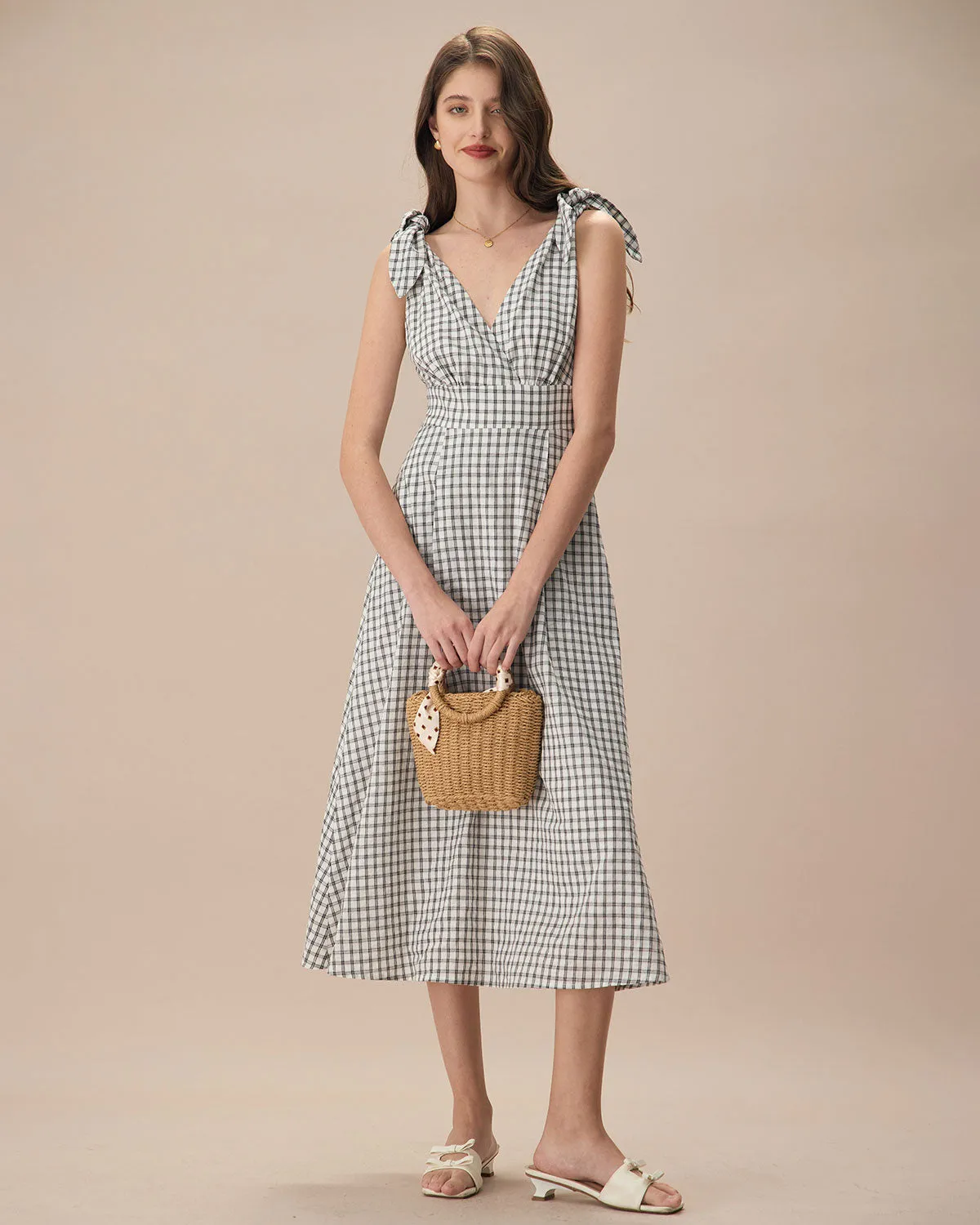 The Black V-Neck Plaid Tie Strap Cotton Midi Dress