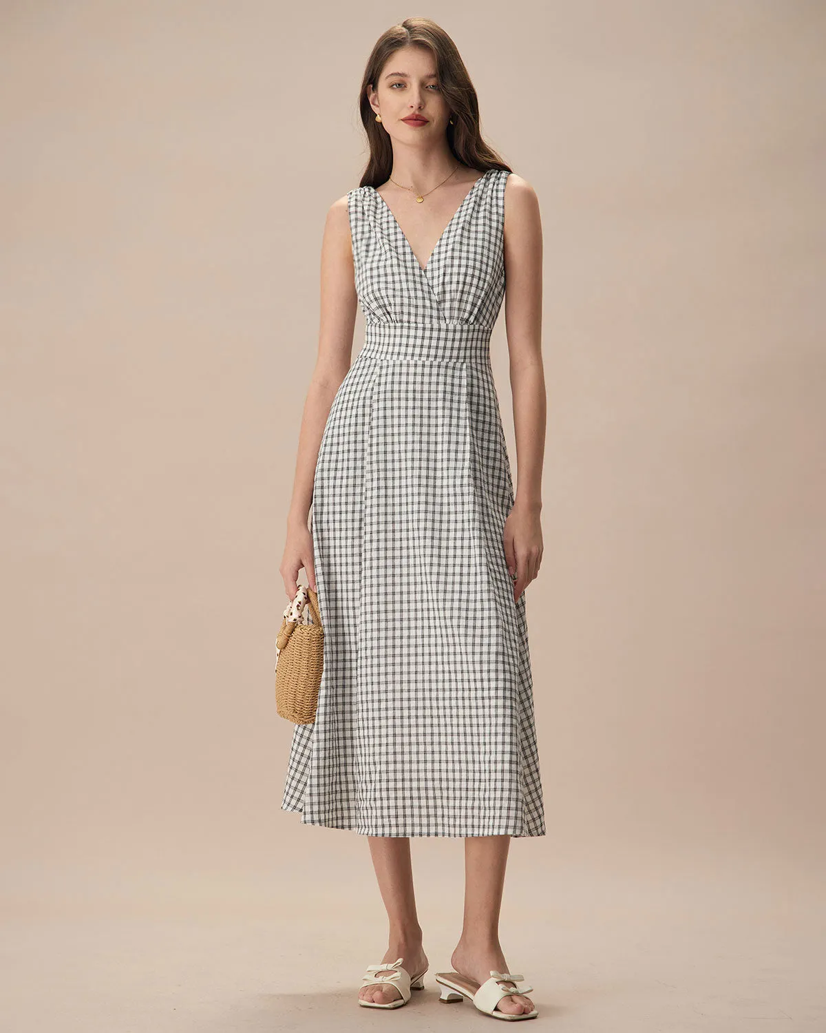 The Black V-Neck Plaid Tie Strap Cotton Midi Dress