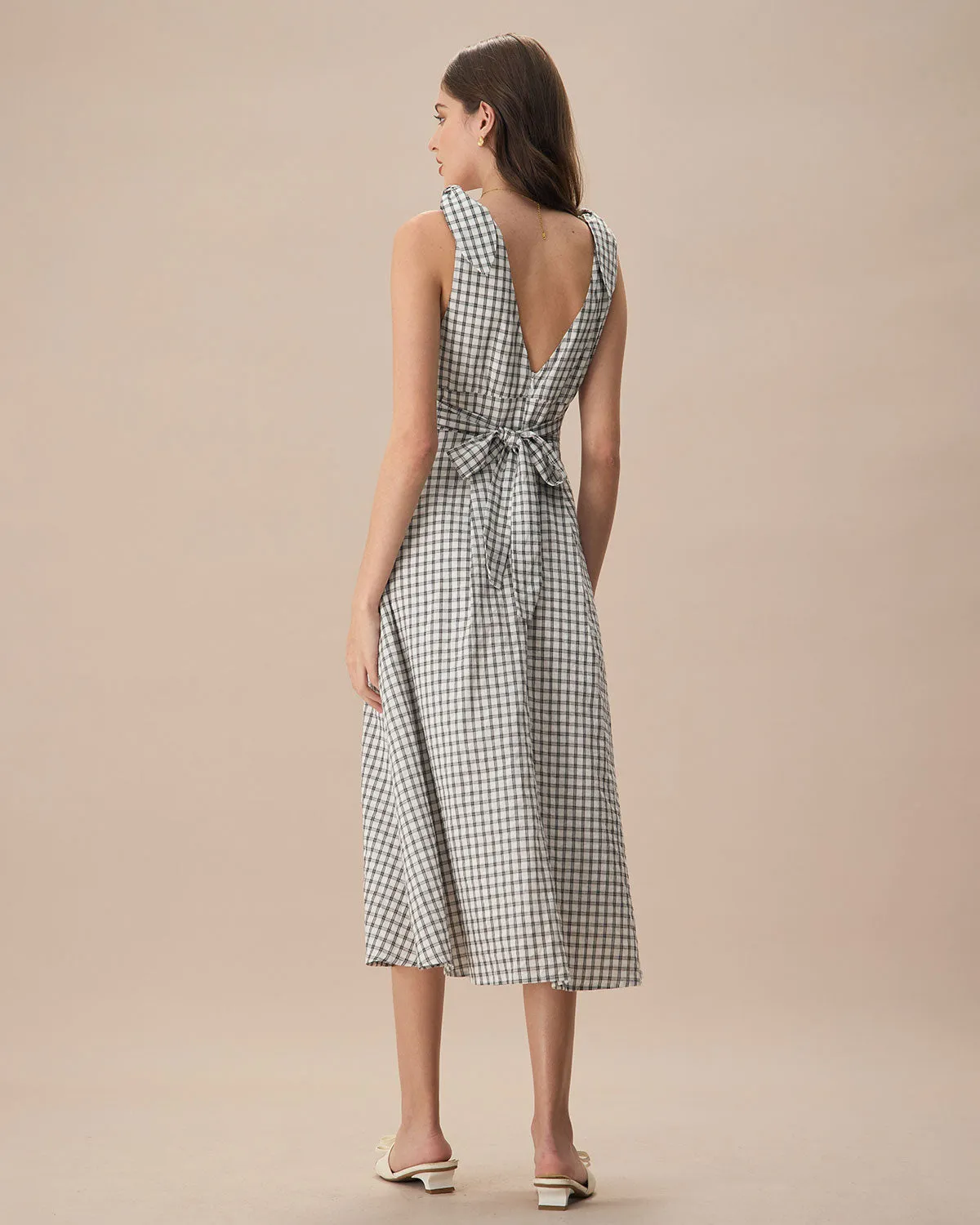 The Black V-Neck Plaid Tie Strap Cotton Midi Dress