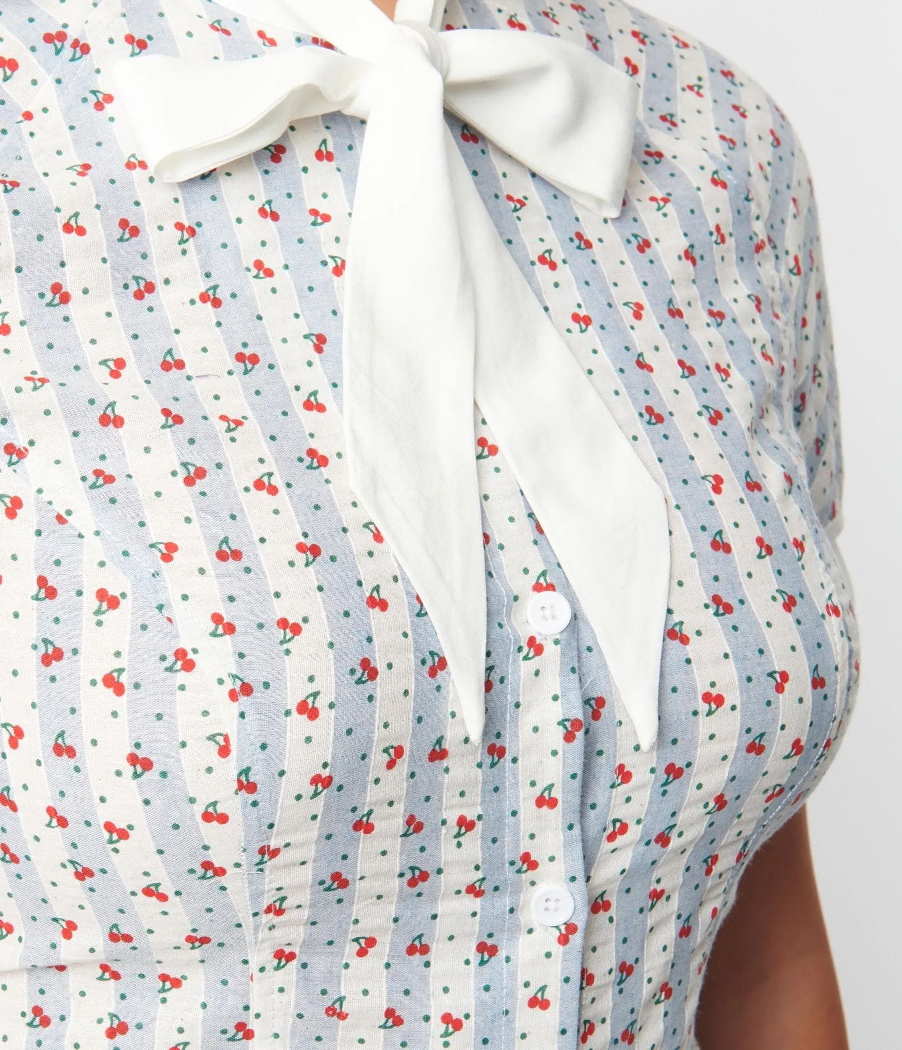 Unique Vintage 1940s Blue & White Cherry Stripe Bow Tie Chita Blouse