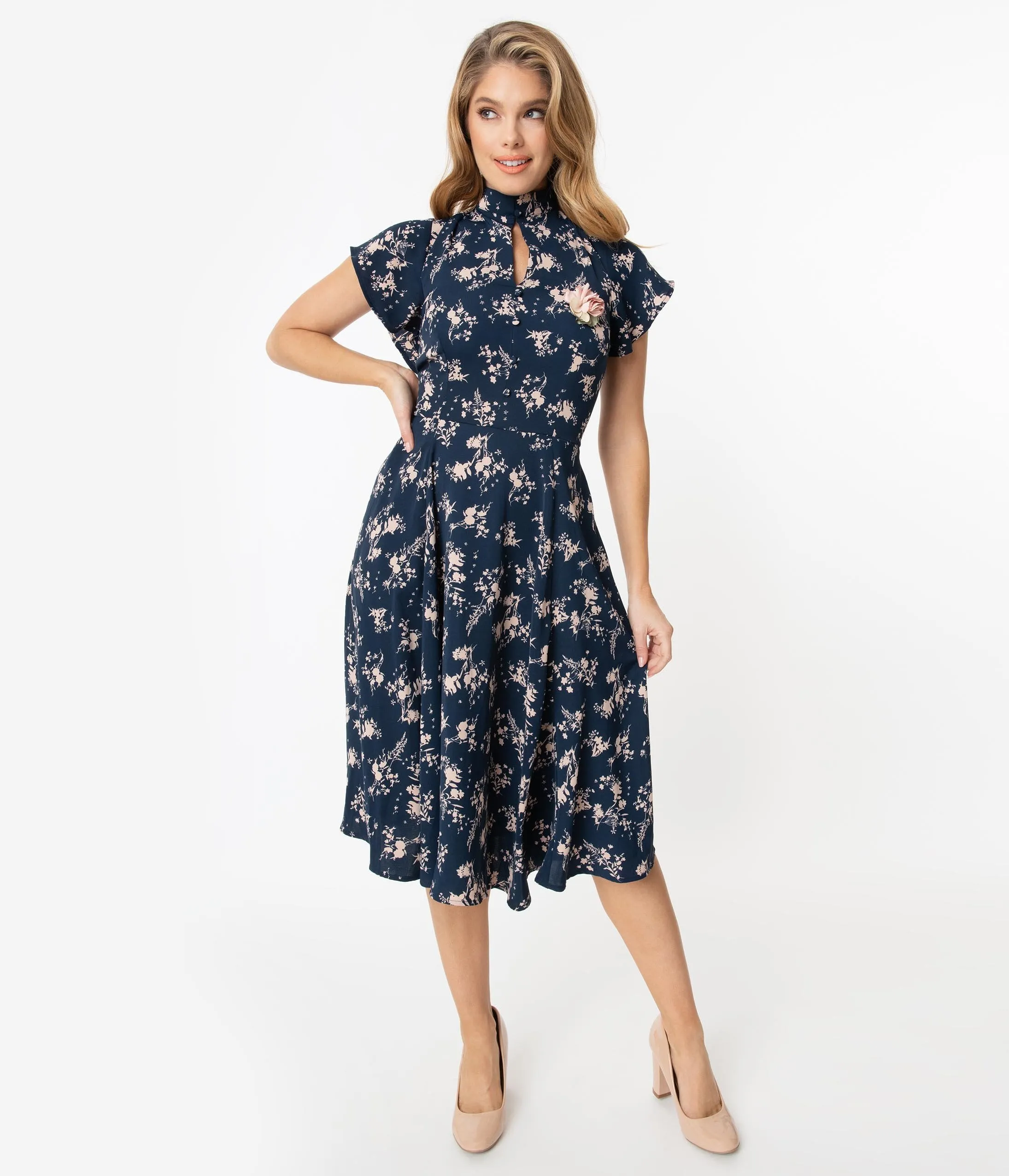 Unique Vintage 1950s Navy & Pink Floral Baltimore Swing Dress