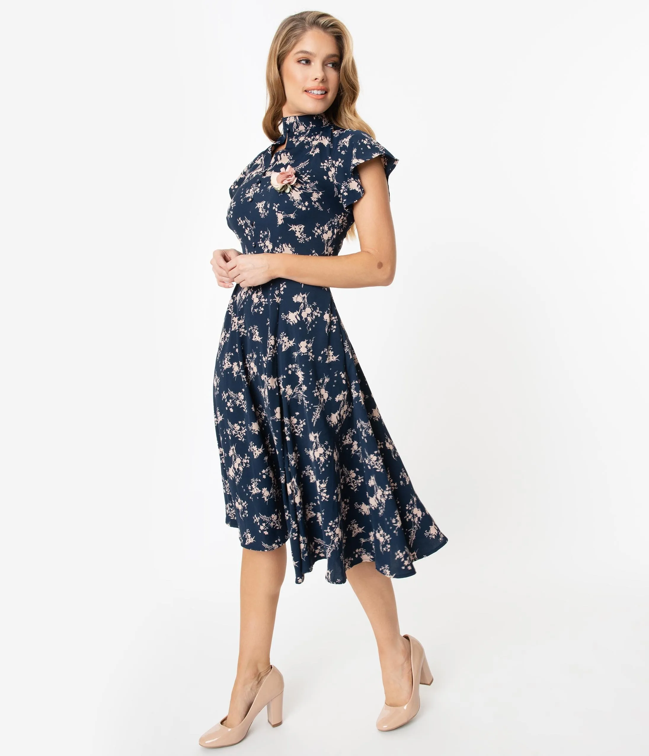 Unique Vintage 1950s Navy & Pink Floral Baltimore Swing Dress