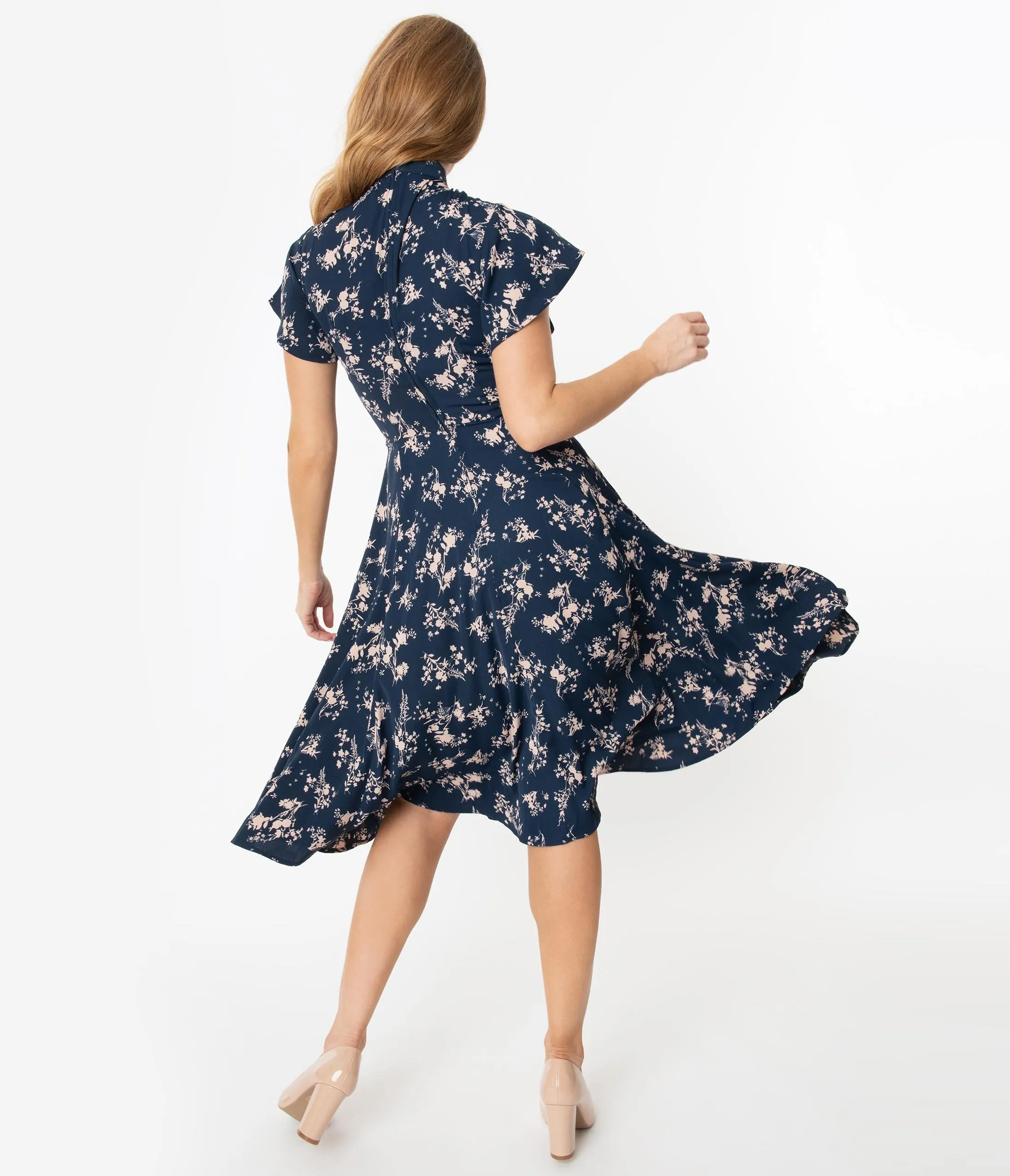 Unique Vintage 1950s Navy & Pink Floral Baltimore Swing Dress