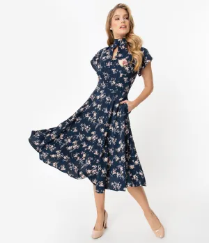 Unique Vintage 1950s Navy & Pink Floral Baltimore Swing Dress