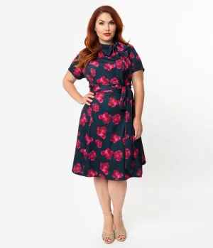 Unique Vintage Plus Size 1960s Style Black & Pink Floral Print Bancroft Fit & Flare Dress