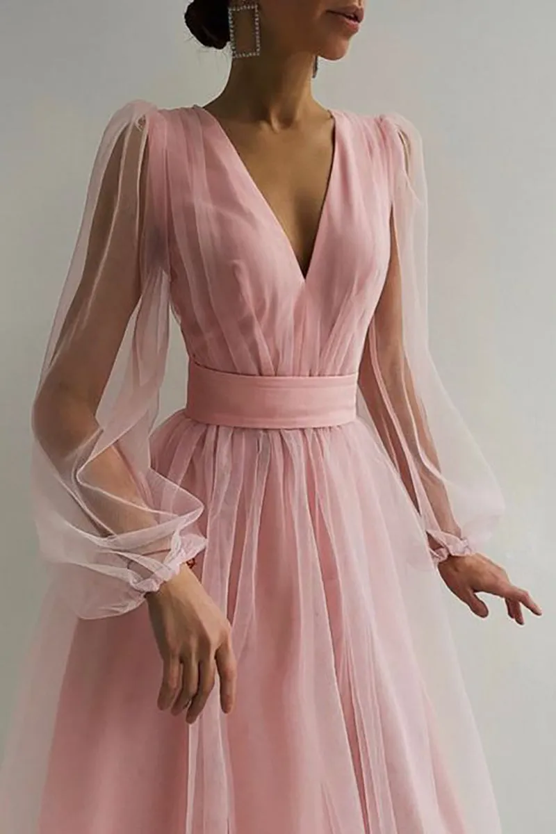 V Neck Tulle Long Sleeve Midi Dress