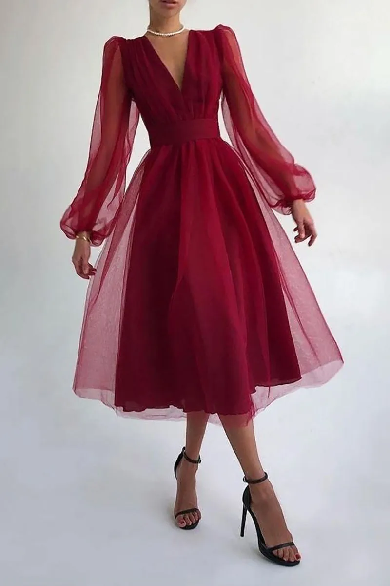 V Neck Tulle Long Sleeve Midi Dress