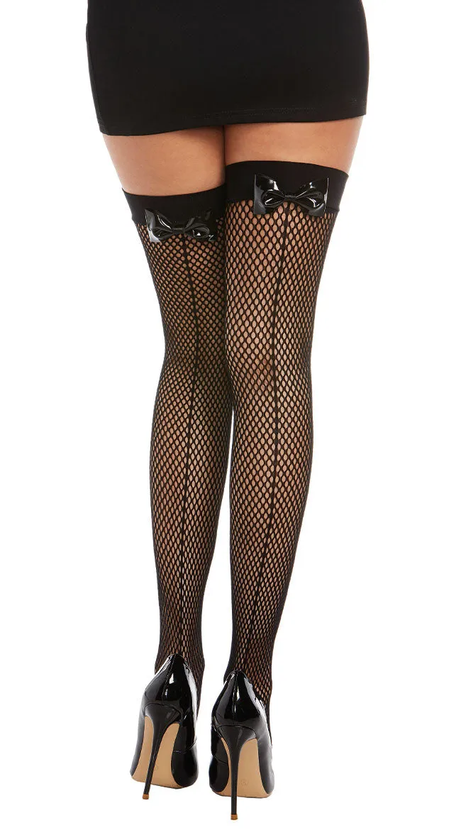 Vinyl Bow Net Thigh Highs