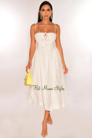 White Smocked Lace Up Spaghetti Straps Cami Dress