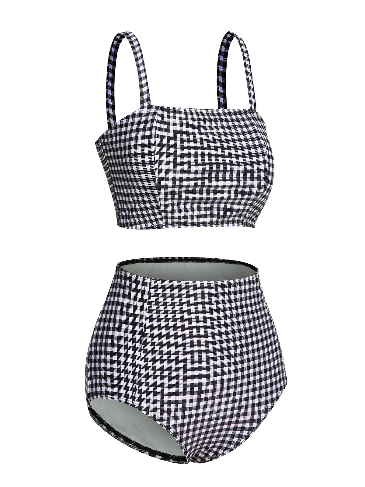 White&Black 1940s Plaid Suspenders Swimsuit