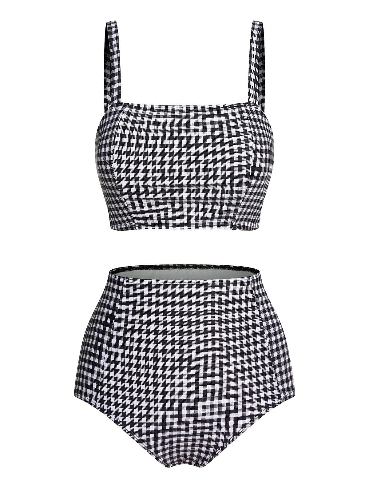 White&Black 1940s Plaid Suspenders Swimsuit