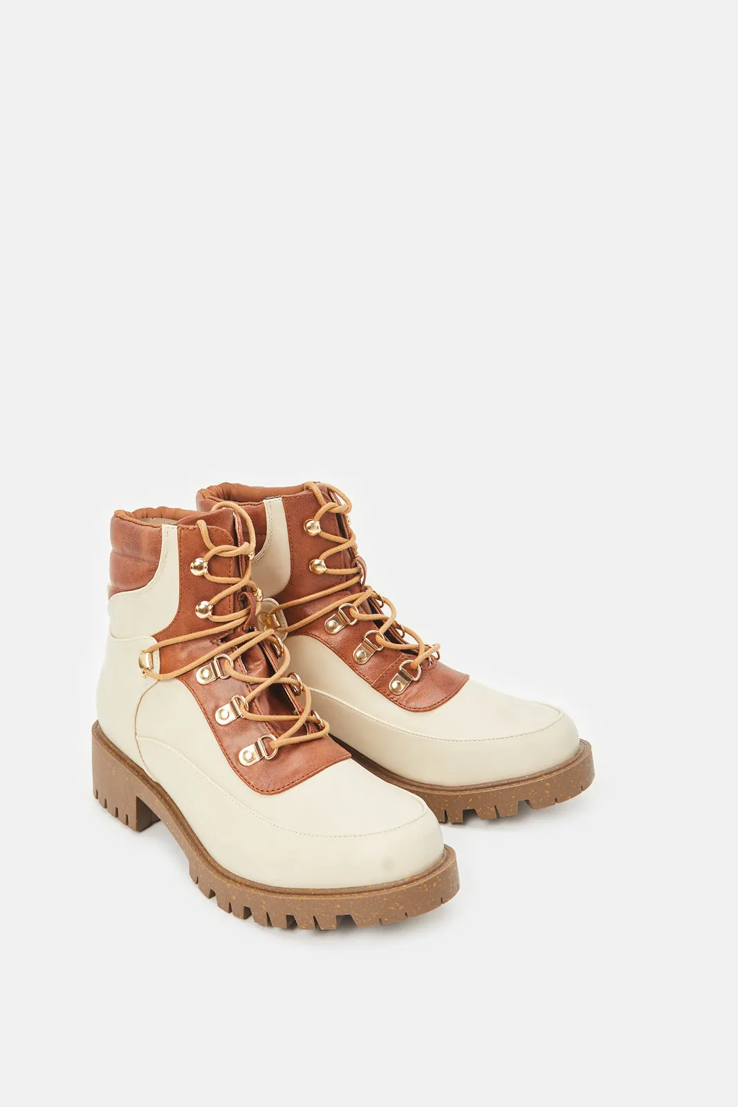 Women Tan And Ivory Lace Up Boot