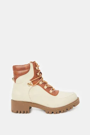 Women Tan And Ivory Lace Up Boot